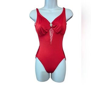 Red Rhinestone Accent One-Piece Swimsuit